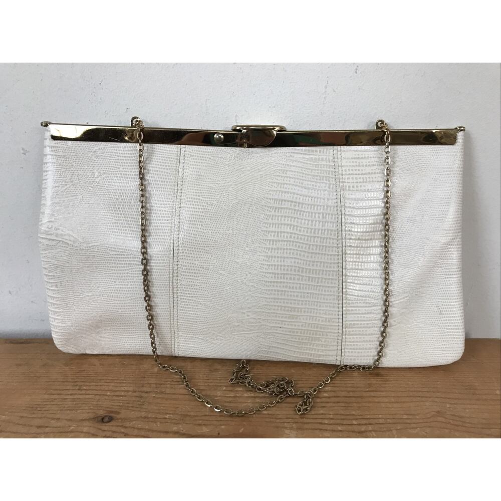Vintage 80s Etra White Leather Snakeskin Gold Chain Formal Clutch Small Purse